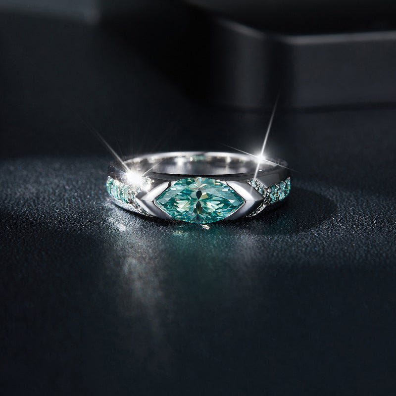 Tik Tok Horus Lake Water Blue Horse Eye 5*10mm1 Carat Blue-Green Moissanite Ring for Men and Women Matching sterling silver.