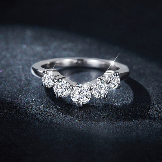 Tiktok Live Instagram Stacking Wind Half Circle Round Ring V-Shaped Full Moissanite 925 Silver Plated 18k Gold Ring