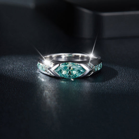 Tik Tok Horus Lake Water Blue Horse Eye 5*10mm1 Carat Blue-Green Moissanite Ring for Men and Women Matching sterling silver.